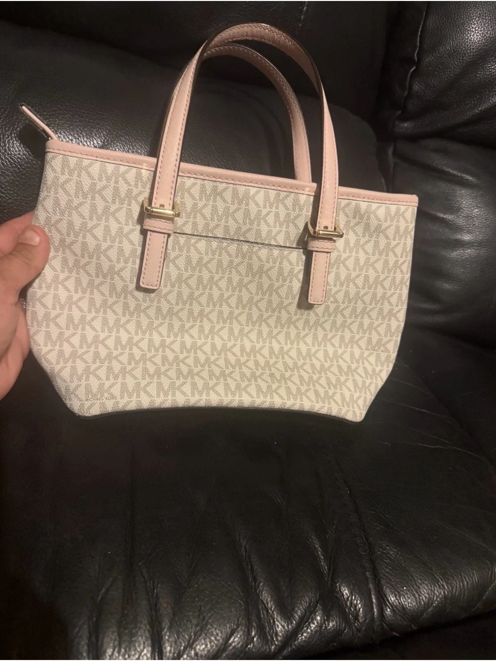 Michael Kors Beige Logo Canvas Tote with Pink Trim